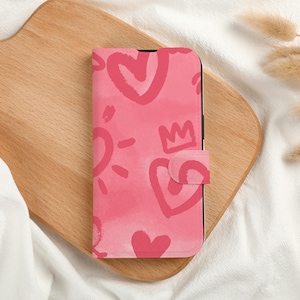 Étui de téléphone portefeuille personnalisé coeur rose avec emplacement pour carte, étui de téléphone portefeuille personnalisé à rabat pour iPhone 15 14 13 Pro Max X XS