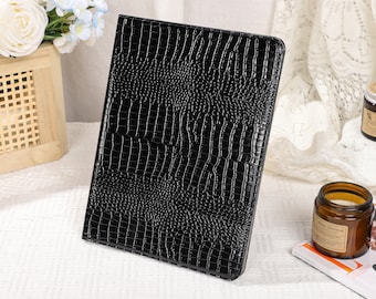 Black Crocodile Leather iPad Case with Apple Pencil Holder, For iPad 9/8, iPad Mini 5/6, iPad Pro 12.9inch, iPad Air 4/5th, iPad 2019-2022