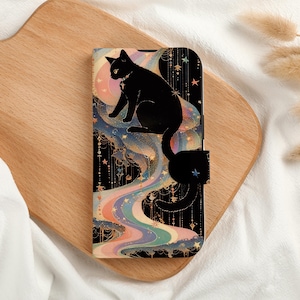 Katze in der Nacht Personalisierte Geldbörse Handyhülle mit Kartenfach, personalisierte Flip Handyhülle für iPhone 15 14 13 Pro Max XXS