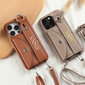 Gepersonaliseerde portemonnee-telefoonhoes van PU-leer met lange riem, gepersonaliseerde crossbody-telefoonhoes, leren telefoonhoes voor iPhone 15Pro, iPhone 14