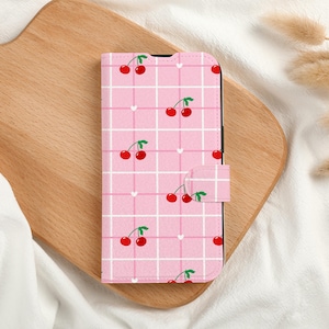 Pink Cherry Design Personalised Wallet Phone Case with Card Slot, Personalized Wallet Flip Phone Case for iPhone 16 15 14 13 Pro Max X XS
