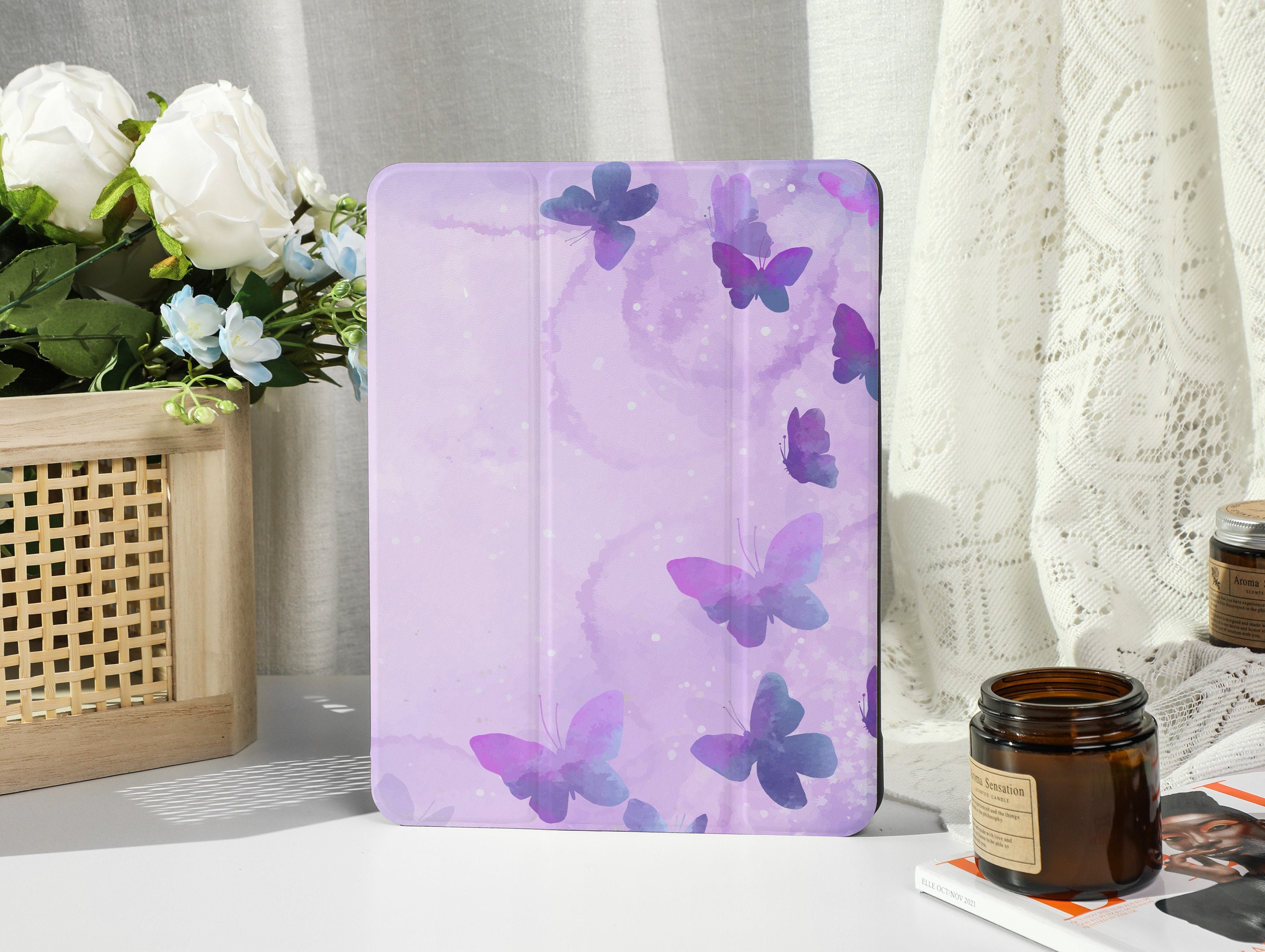 Purple Butterfly iPad Case With Apple Pencil Holder, for iPad 9/8