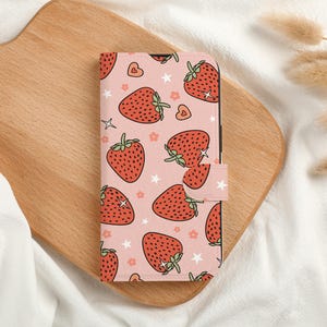 Étui de téléphone portefeuille personnalisé aux fraises savoureuses avec emplacement pour carte, étui de téléphone portefeuille personnalisé à rabat pour iPhone 16 15 14 13 Pro Max X XS