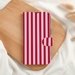 Pink Stripes Personalised Wallet Phone Case with Card Slot, Personalized Wallet Flip Phone Case for iPhone 15 14 13 Pro Max X XS