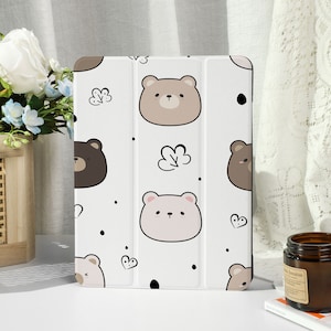 Pearl Cartoon Bear iPad Case with Apple Pencil Holder, For iPad 9/8, iPad Mini 5/6, iPad Pro 12.9inch, iPad Air 4/5th, iPad 2019-2022