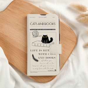 Funda de teléfono con billetera personalizada con ranura para tarjetas y diseño de gato y libro, funda de teléfono con tapa de billetera personalizada para iPhone 15, 14, 13 Pro Max, XXS