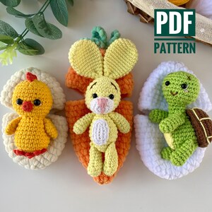 Crochet pattern Easter Bunny in carrot, chick and Turtle in egg - Amigurumi plush pattern - stuffed toy - English Pdf - Easter egg decor