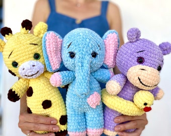 CROCHET PATTERN bundle Giraffe Elephant Hippo plush toy - Amigurumi safari pattern  - Animal Crochet pattern -  Pdf tutorial doll in ENGLISH