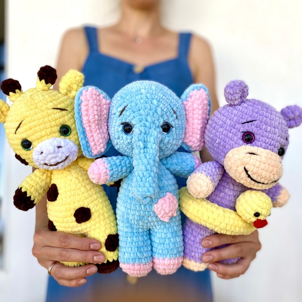 Amigurumi Crochet Pattern Bundle – Giraffe, Elephant, Hippo (PDF)