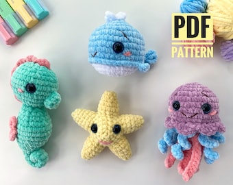 Amigurumi sea animals Crochet Pattern – Jellyfish, Starfish, Whale, Seahorse (English PDF Pattern)