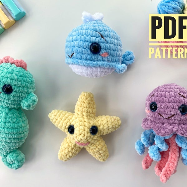 Crochet pattern jellyfish starfish whale seahorse sea bundle - Amigurumi ocean pattern plush toy - English tutorial - baby gift