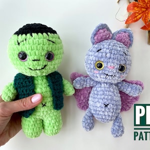 Op de afbeelding: Haak amigurumi patronen voor een groene Frankenstein monster en een paarse vleermuis. Het PDF-patroon bevat instructies voor het maken van beide Halloween-karakters.