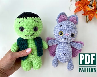 Zombie and Bat Crochet pattern halloween - Amigurumi pattern plush toy Frankenstein - Pdf English - creepy gift - green monster doll