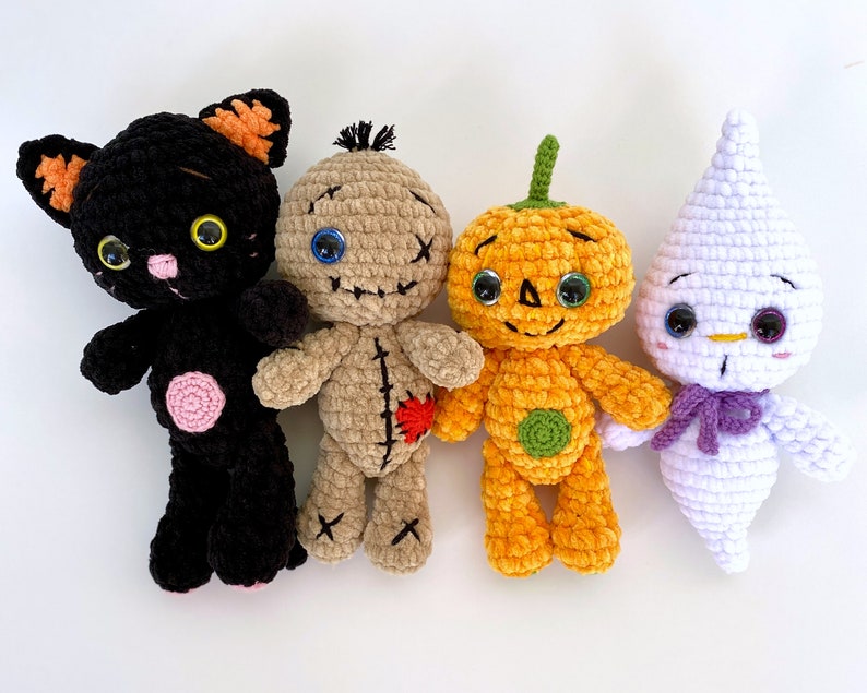 Crochet pattern bundle Pumpkin, Voodoo dolls, Ghost and Black cat Halloween Amigurumi toy pattern, Plush Pattern English, PDF tutorial image 1