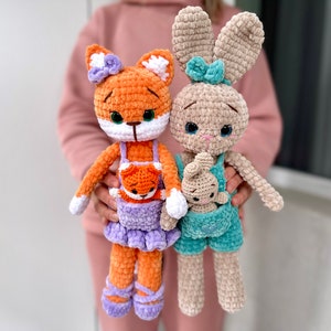 Crochet pattern Fox and Bunny with baby - Amigurumi Foxy and rabbit pattern plush toy - Pdf English tutorial - handmade doll gift