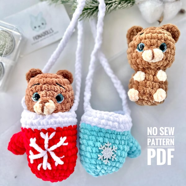 Crochet pattern Christmas bear in mitten - Amigurumi NO SEW pattern plush toy - Pdf English tutorial - New year gift