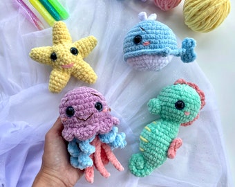 Crochet pattern jellyfish starfish whale seahorse sea bundle - Amigurumi ocean pattern plush toy - English tutorial - baby gift