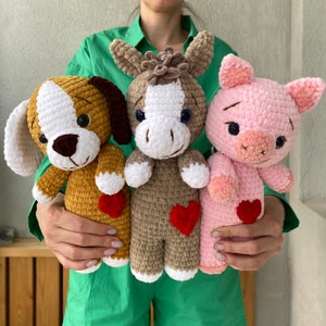 Crochet Farm Animal Pattern Bundle, Pig Dog Donkey Amigurumi – PDF English Plush Toy