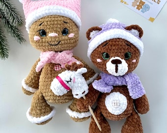 Gingerbread Man and Bear Low Sew Crochet Pattern - Christmas Plush Toy Amigurumi - English PDF tutorial