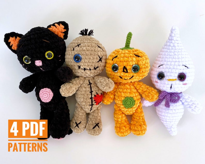 Crochet pattern bundle Pumpkin, Voodoo dolls, Ghost and Black cat - Halloween Amigurumi toy pattern, Plush Pattern English, PDF tutorial 