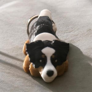 May include: A 3D-printed keychain in the shape of a Bernese Mountain Dog. The keychain features the dog's distinctive markings: black, white, and brown fur. The dog is lying down, with a metal keyring attached to its back.