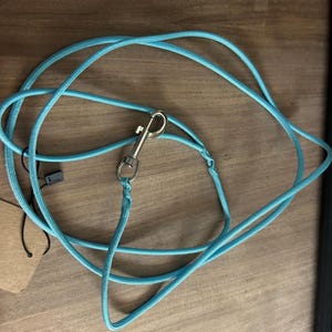 Op de afbeelding: Een lichtblauwe hondenriem met een metalen sluiting en een zwart plastic onderdeel. De riem is gemaakt van een geweven koord en ligt op een houten oppervlak. Een bruin label is zichtbaar.