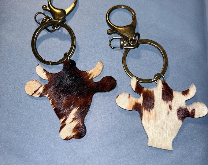 Hair On Hide Leather Cow Head Keychain