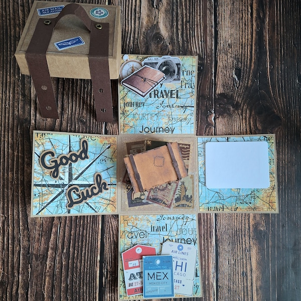 Personalized card, travel theme gift, exploding box with suitcase.