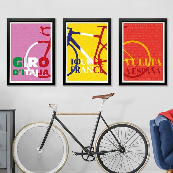 Grote Rondes: Fiets - Fietsen Art Prints - Set van 3 - Giro d'Italia - Tour de France - Vuelta a Espana - Wielerwedstrijdposters