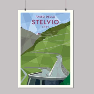 May include: A colorful geometric illustration of a winding road leading up a mountain pass. The text "PASSO DELLO STELVIO 2758M" is at the top of the image.