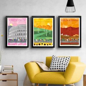 Grand Tours: Jerseys - Impressões de arte de ciclismo - Conjunto de 3 - Tour de France - Giro d'Italia - Vuelta a Espana - Cartazes de corrida de ciclismo