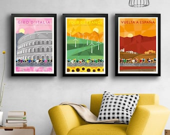 Grote rondes: truien - wielerkunstprints - set van 3 - Tour de France - Giro d'Italia - Vuelta a Espana - posters wielerraces