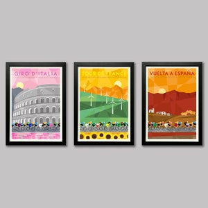 Grand Tour set of 3 cycling prints. Giro d-Italia peloton riding past the colosseum in Rome, Tour de France peloton riding thorugh a field of sunflowers and windmills, Vuelta a Espana  peloton riding in the Spanish countryside.