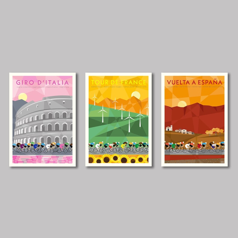 Grand Tour set of 3 cycling prints. Giro d-Italia peloton riding past the colosseum in Rome, Tour de France peloton riding thorugh a field of sunflowers and windmills, Vuelta a Espana  peloton riding in the Spanish countryside.