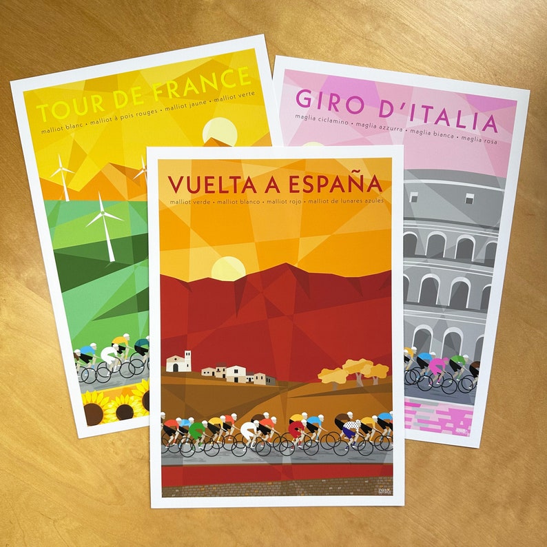 Grand Tour set of 3 cycling prints. Vuelta a Espana  peloton riding in the Spanish countryside.