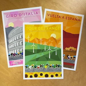 Grand Tour set of 3 cycling prints.  Tour de France peloton riding through a field of sunflowers and windmills.