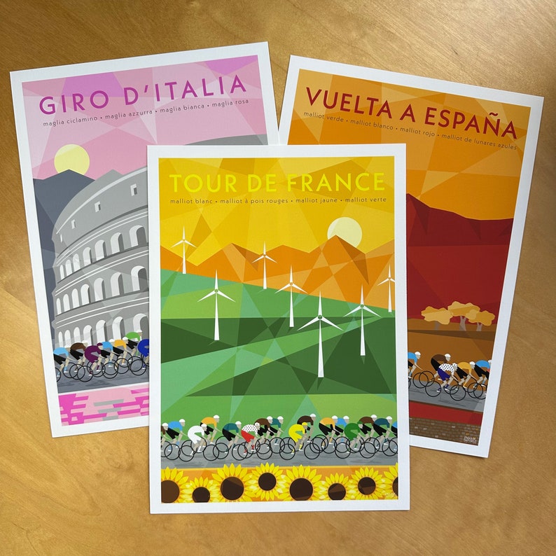 Grand Tour set of 3 cycling prints.  Tour de France peloton riding through a field of sunflowers and windmills.