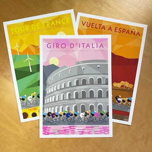 Grand Tour set of 3 cycling prints. Giro d-Italia peloton riding past the colosseum in Rome