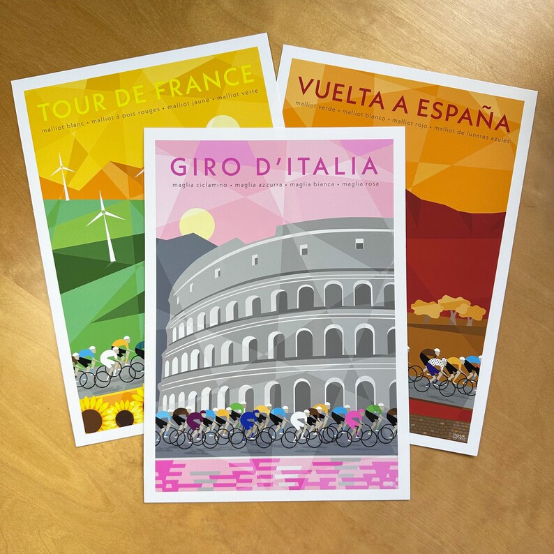 Grand Tour set of 3 cycling prints. Giro d-Italia peloton riding past the colosseum in Rome