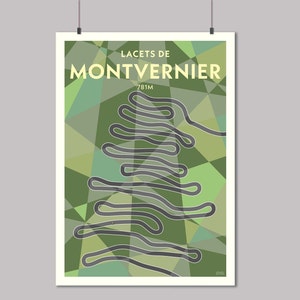 May include: A poster featuring the text "LACETS DE MONTVERNIER 781M" in a light green font. The poster has a geometric background in shades of green and a winding road design in gray.