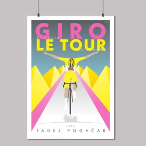Tadej Pogačar: El doblete - Ganador del Tour de Francia y el Giro de Italia 2024 - Impresión artística de ciclismo - Póster de ciclismo