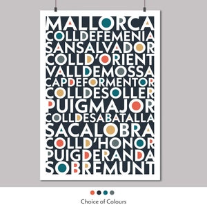 May include: A black and white typography poster with the word "MALLORCA" in large letters at the top. The poster features a list of towns and cities in Mallorca, Spain, in a colourful, geometric font.