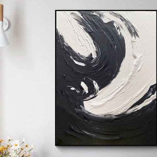 Large White Textured Wall Art Black and White Painting Black Etsy