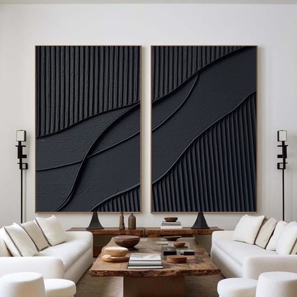 Black 3D Textured Painting Set Of 2 Black Abstract Painting Black Minimalist Painting On Canvas Large Plaster Wall Art Modern Wall Decor