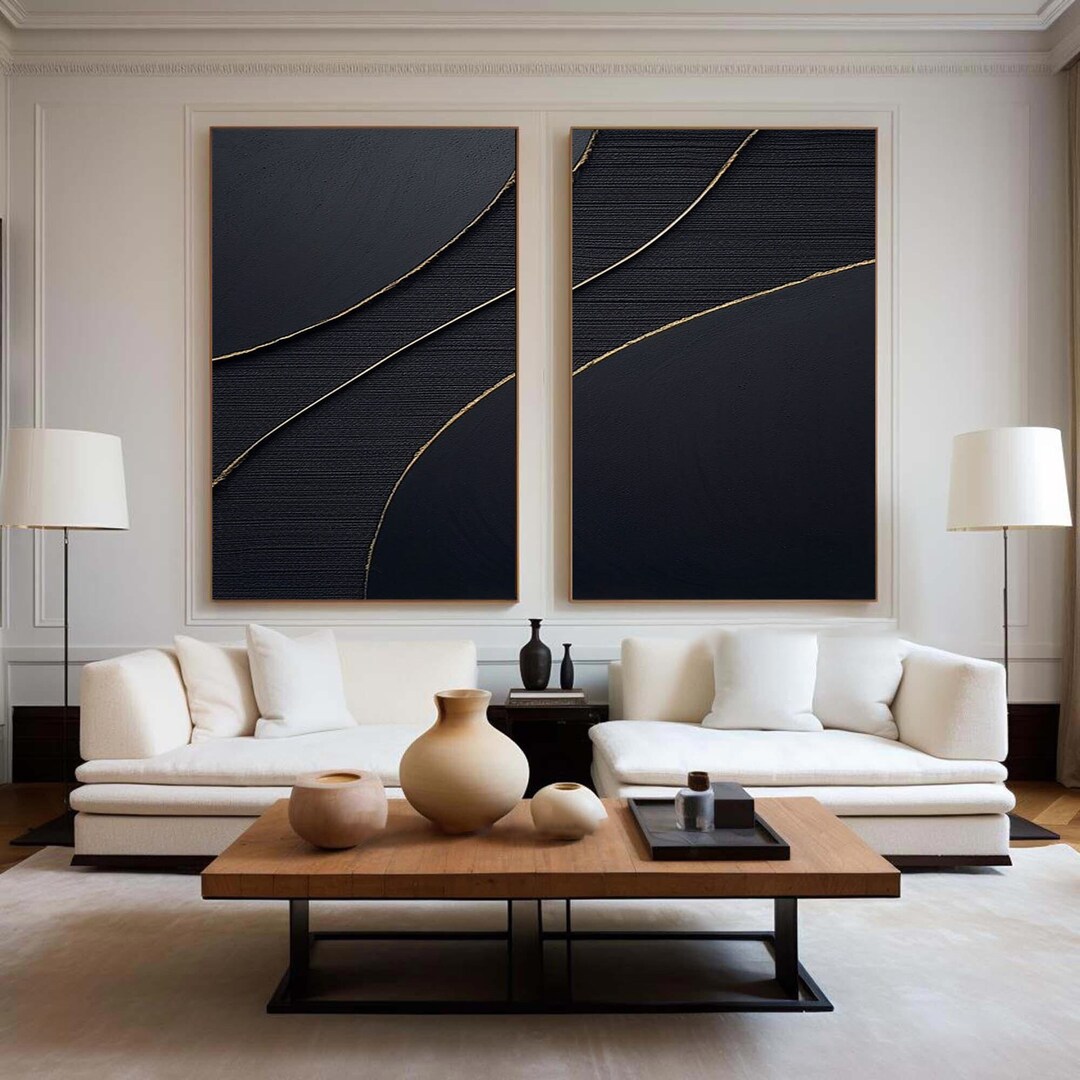 Large Black Abstract Painting Gold Foil Abstract Art Black 3D Textured