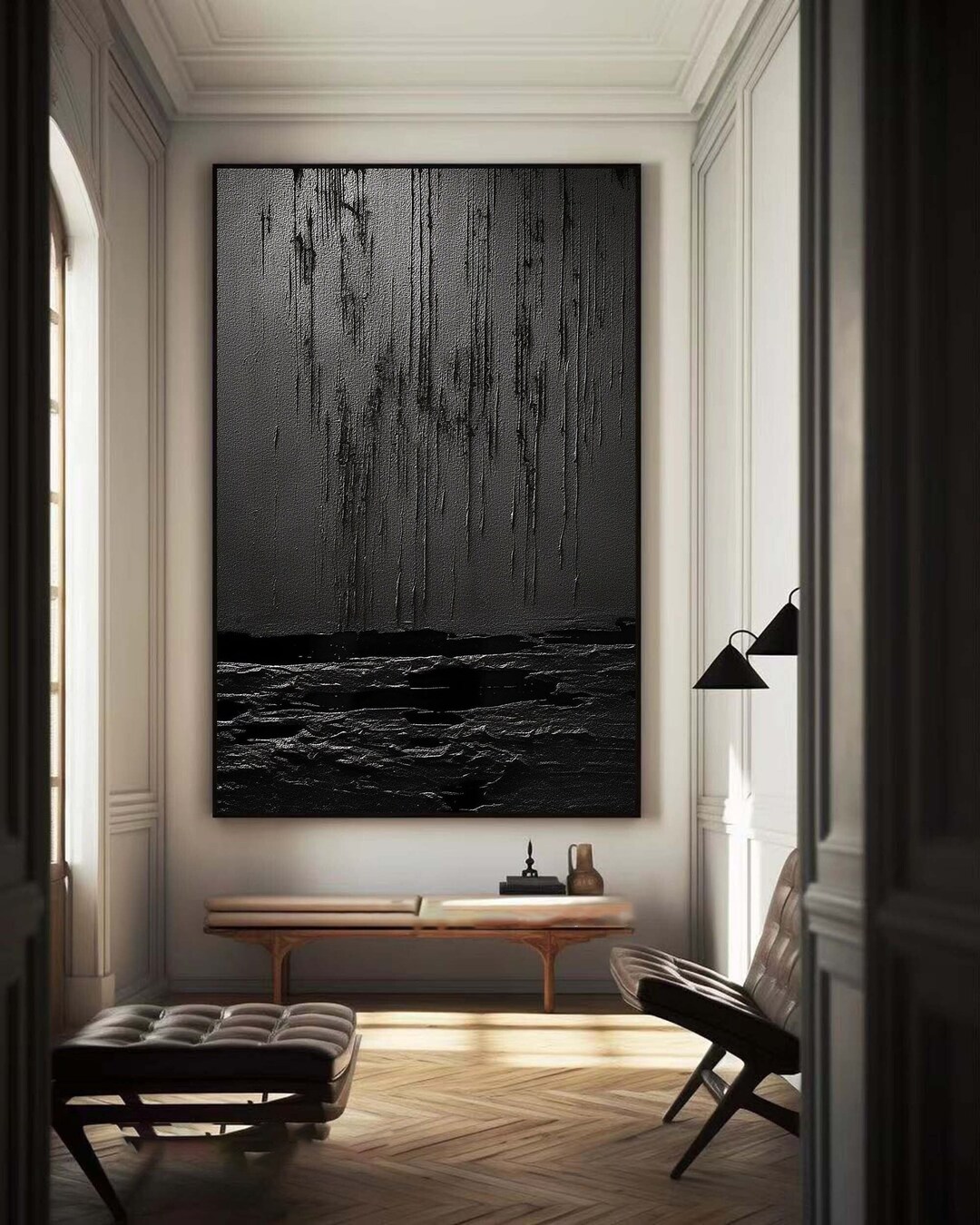 Black Texture Painting Oversized 3D Plaster Painting Contemporary Minimalist Painting on Canvas