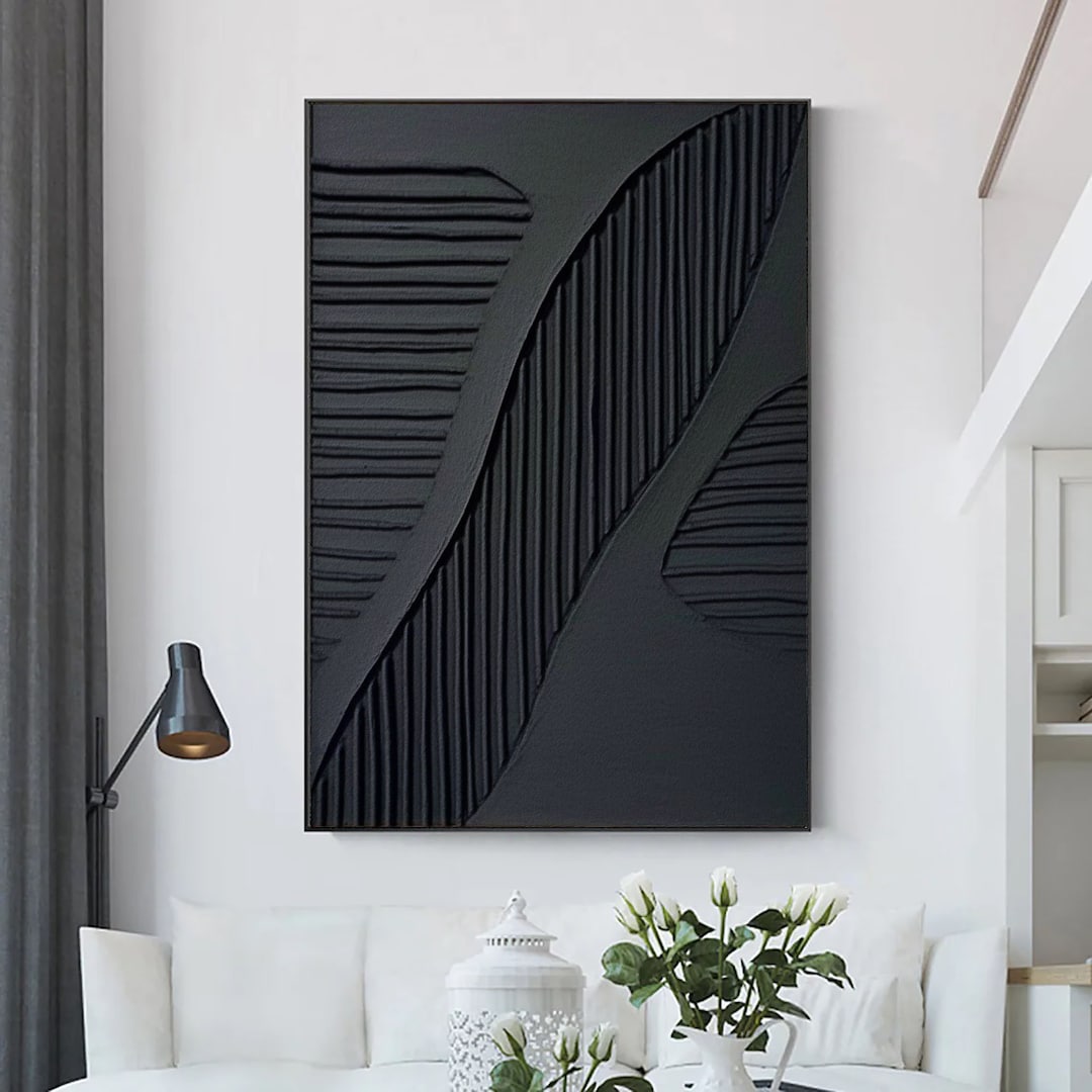 Large Black Abstract Painting Black Minimalist Wall Art Black 3D ...