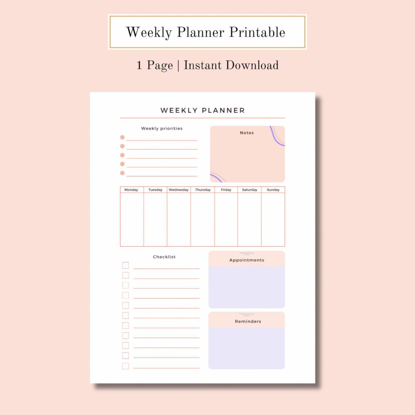 Printable Weekly Planner - Pink and Purple Minimilist - Etsy