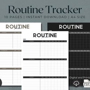 Op de afbeelding: Drie afdrukbare routine-trackerpagina's in zwart, wit en grijs. De pagina's zijn onderverdeeld in secties voor ochtend, middag en avond, met kolommen voor elke dag van de week. De tekst "ROUTINE TRACKER" staat bovenaan de pagina, samen met de tekst "10 PAGINA'S | DIRECT DOWNLOAD | A4 FORMAAT".