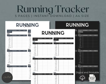 May include: Black and white printable running tracker with five pages. The tracker includes sections for distance, time, and pace. The text "Running Tracker" is at the top of the page. The text "Digital and Printable" is at the bottom of the page.